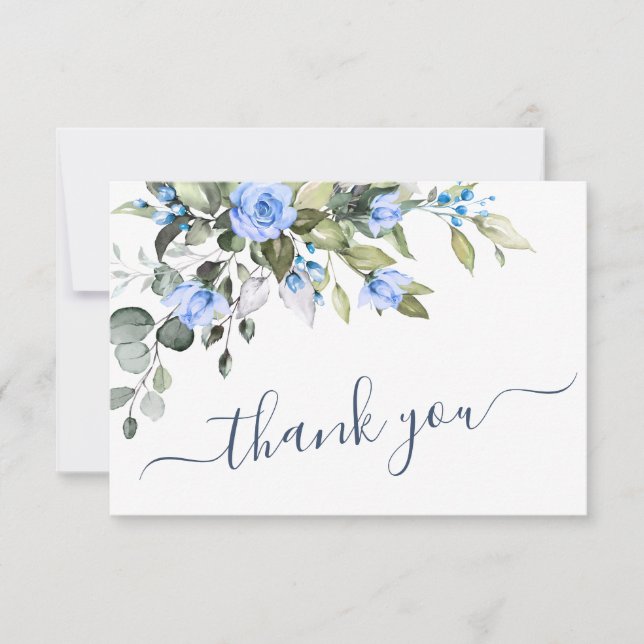 Elegant Eucalyptus Dusty Blue Roses Greenery Thank You Card (Front)