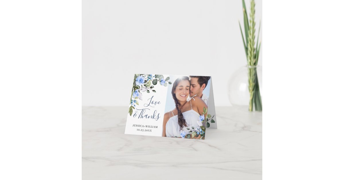 Elegant Eucalyptus Dusty Blue Roses PHOTO Simple Thank You Card | Zazzle