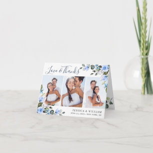 Elegant Eucalyptus Dusty Blue Roses Simple 3 PHOTO Letterpress Thank You Card