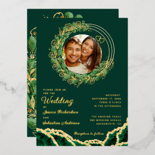 Elegant Eucalyptus Emerald Green and Gold Wedding Foil Invitation