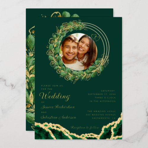 Elegant Eucalyptus Emerald Green and Gold Wedding Foil Invitation