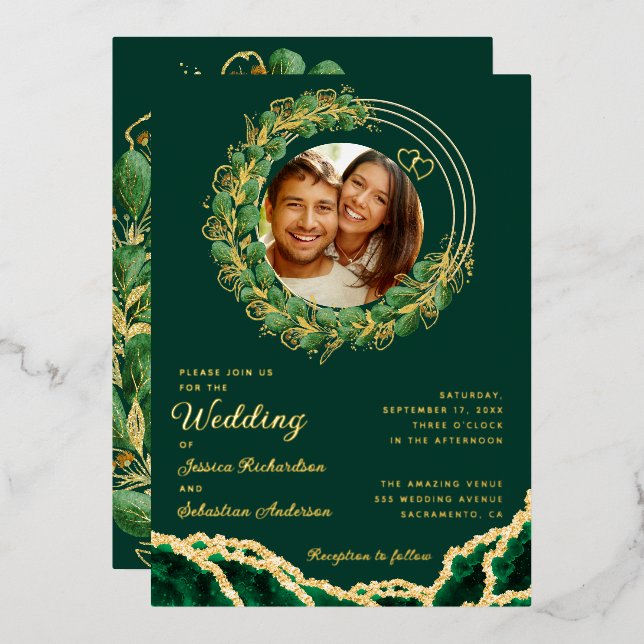 Elegant Eucalyptus Emerald Green and Gold Wedding Foil Invitation (Front/Back)