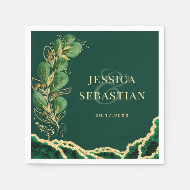 Elegant Eucalyptus Emerald Green and Gold Wedding Napkins (Front)
