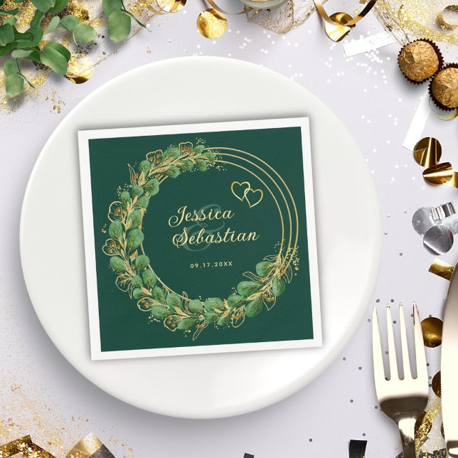 Elegant Eucalyptus Emerald Green and Gold Wedding Napkins (Creator Uploaded)