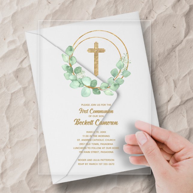 Elegant Eucalyptus First Communion Acrylic Invitations (Elegant eucalyptus and gold cross first holy communion clear acrylic invitations)