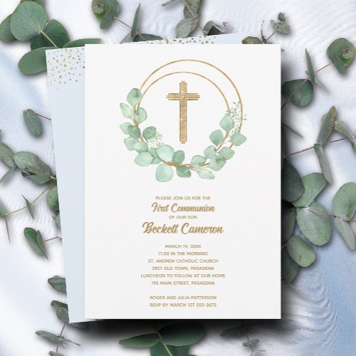 Elegant Eucalyptus First Communion Blue Invitation