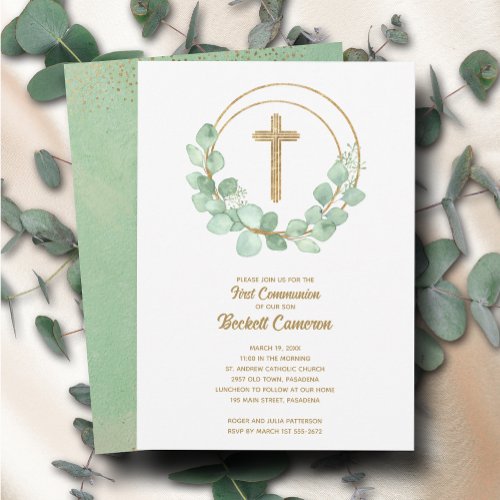 Elegant Eucalyptus First Communion Invitation