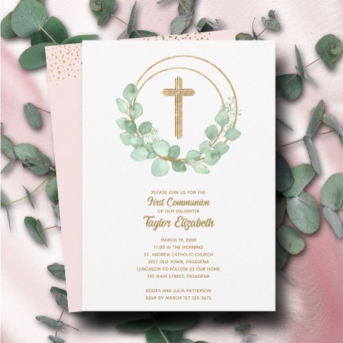 Elegant Eucalyptus First Communion Pink Invitation