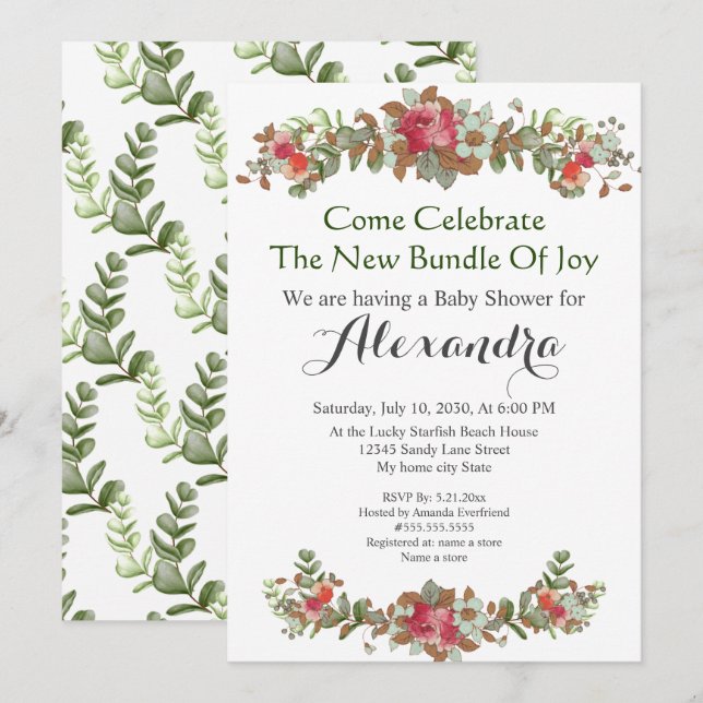 Elegant Eucalyptus Floral Baby Shower invitation (Front/Back)