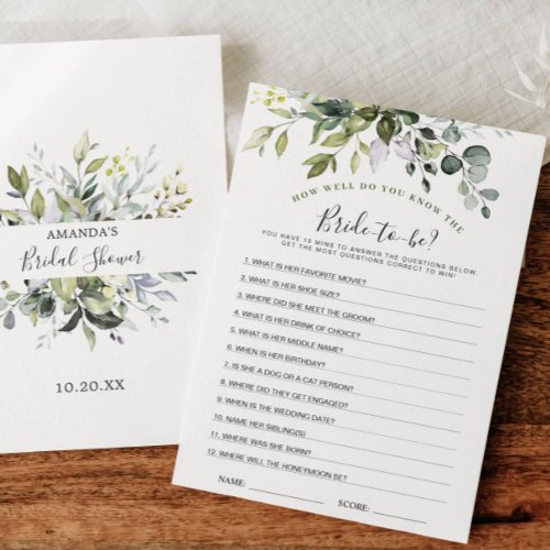 Elegant Eucalyptus Floral Bridal Shower Game Card