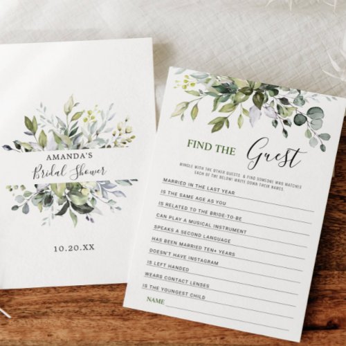 Elegant Eucalyptus Floral Bridal Shower Game Card