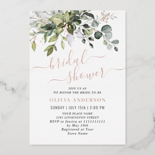 Elegant Eucalyptus Floral Bridal Shower Rose Gold Foil Invitation