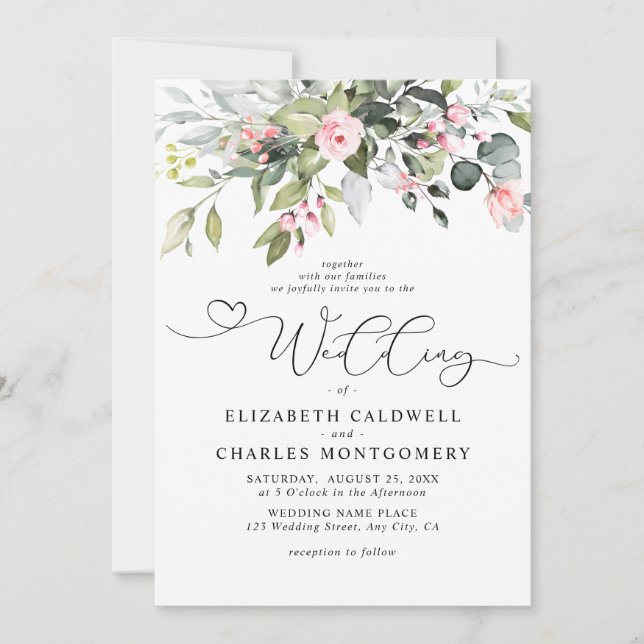 Elegant Eucalyptus Floral Greenery Script Wedding Invitation (Front)
