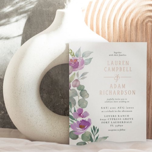 Elegant Eucalyptus floral Pink Rose Gold Wedding Foil Invitation