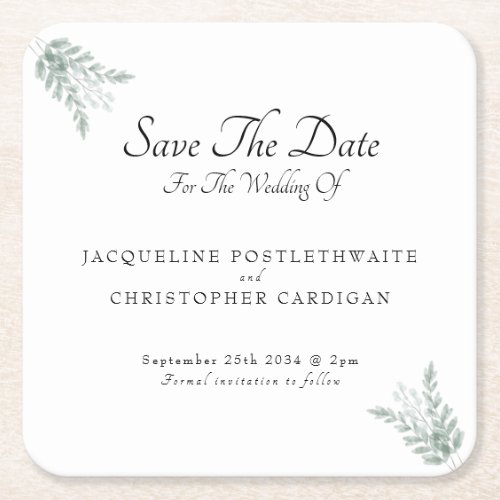 Elegant Eucalyptus Floral Save The Date Wedding Square Paper Coaster