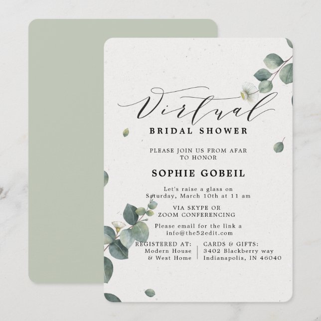 Elegant Eucalyptus Floral VIRTUTAL Bridal Shower Invitation (Front/Back)