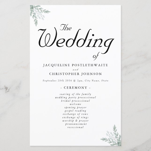 Elegant Eucalyptus Floral Wedding Ceremony Program (Front)