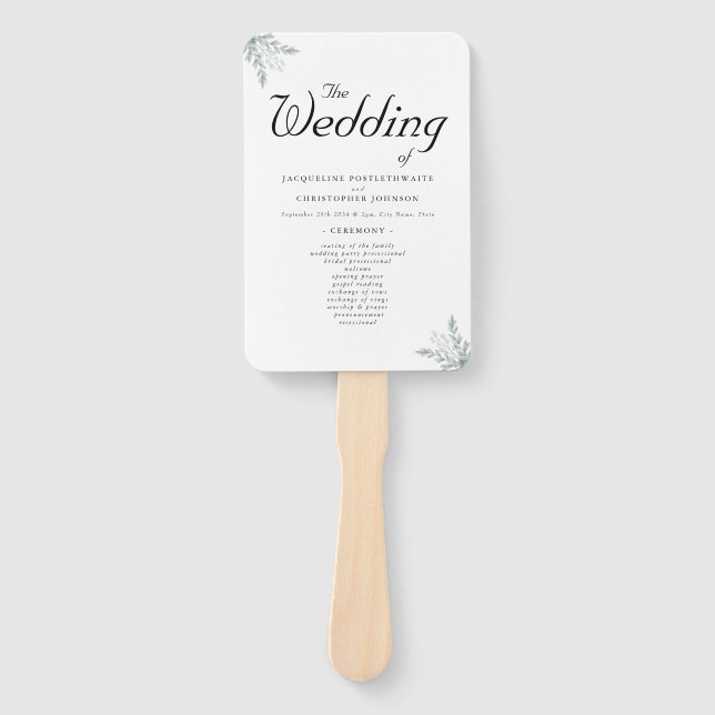 Elegant Eucalyptus Floral Wedding Ceremony Program Hand Fan (Front)