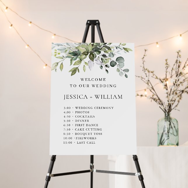 Elegant Eucalyptus Floral Wedding Day Timeline Foam Board (In Situ (Stand))