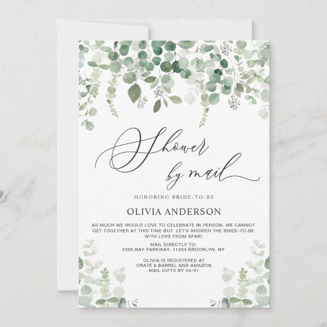 Elegant Eucalyptus Foliage Bridal Shower by Mail Invitation (Front)