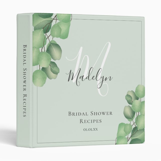 Elegant Eucalyptus Foliage Bridal Shower Recipe 3 Ring Binder (Front/Spine)
