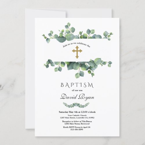 Elegant Eucalyptus Foliage Frame Gold Baptism Invitation
