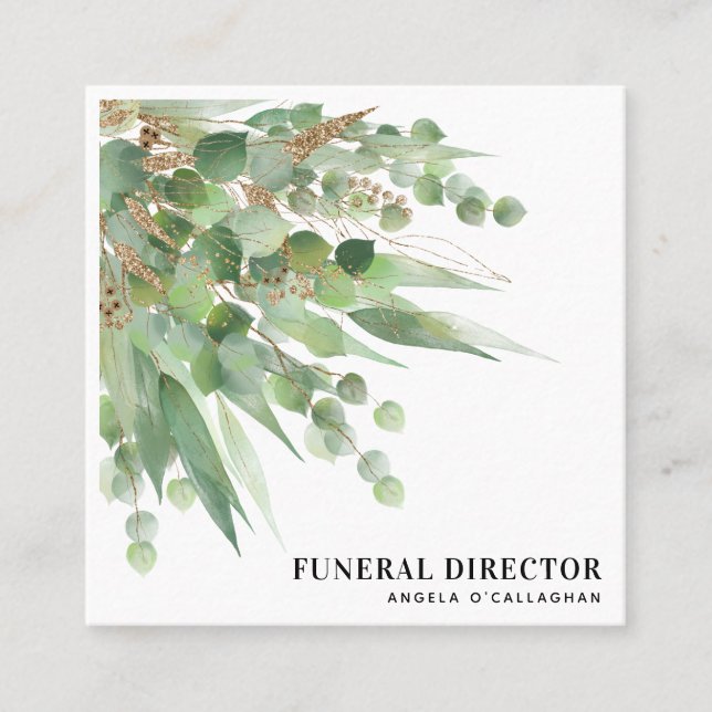 Elegant Eucalyptus Foliage & Gold Glitter Square Business Card (Front)