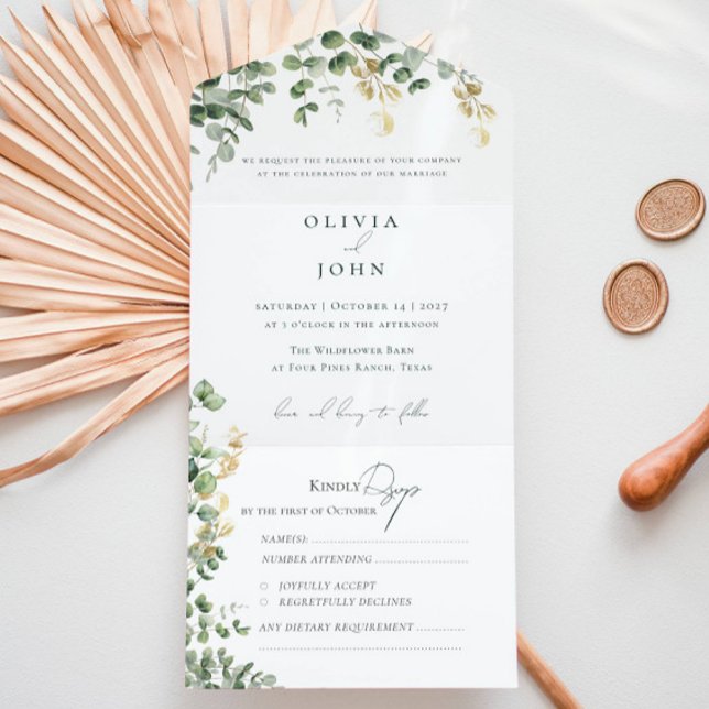 Elegant Eucalyptus Foliage Gold Green Wedding  All In One Invitation (Elegant Eucalyptus Foliage Gold Green Wedding All In One Invitation)