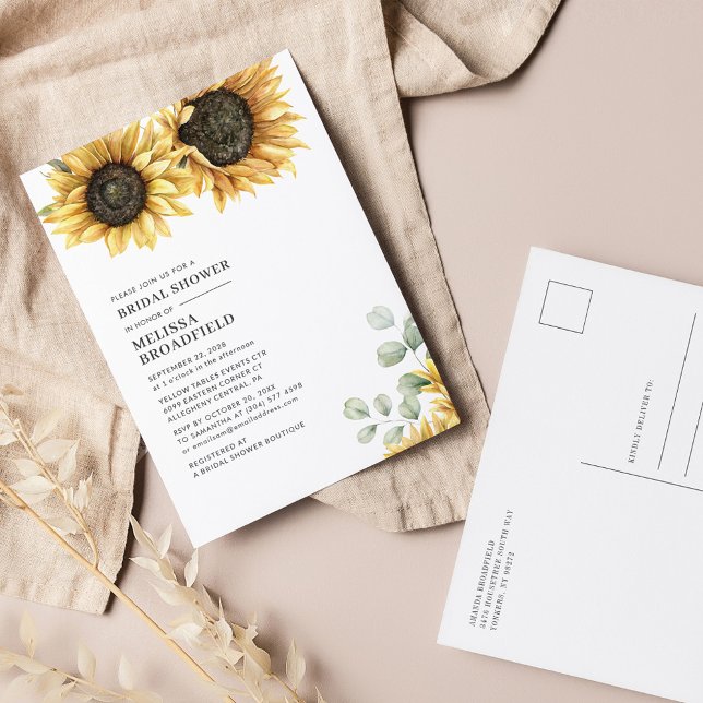 Elegant Eucalyptus Foliage Sunflower Bridal Shower Invitation Postcard (Sunflower Eucalyptus Floral Bridal Shower Party Invitation Postcard)