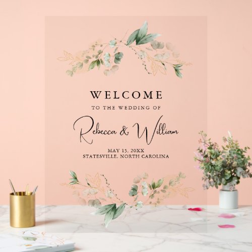 Elegant Eucalyptus Foliage Wedding Welcome Acrylic Sign