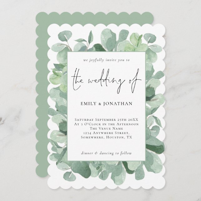 Elegant Eucalyptus Frame Script Wedding Invitation (Front/Back)