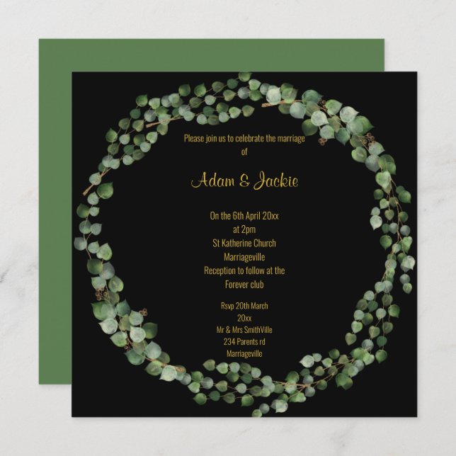 Elegant Eucalyptus Full Wreath Wedding Black Invitation (Front/Back)