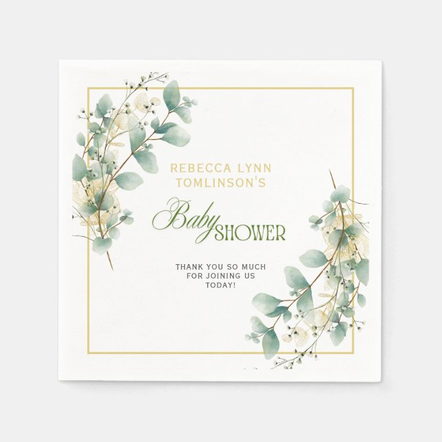 Elegant Eucalyptus Gender Neutral Baby Shower Napkins (Front)