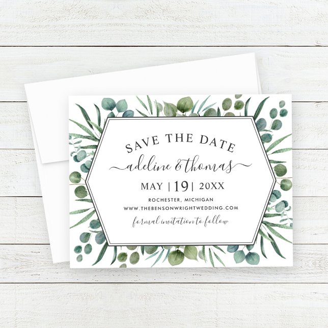 Elegant Eucalyptus Geometric Greenery Wedding Save The Date (Creator Uploaded)