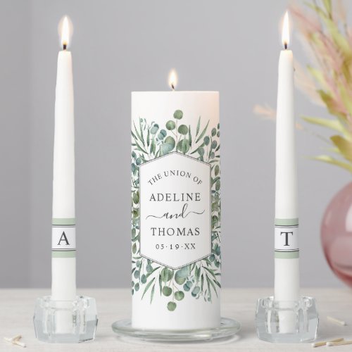 Elegant Eucalyptus Geometric Greenery Wedding Unity Candle Set