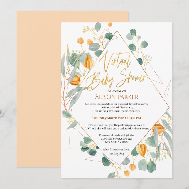 Elegant Eucalyptus Geometric Virtual Baby Shower Invitation (Front/Back)