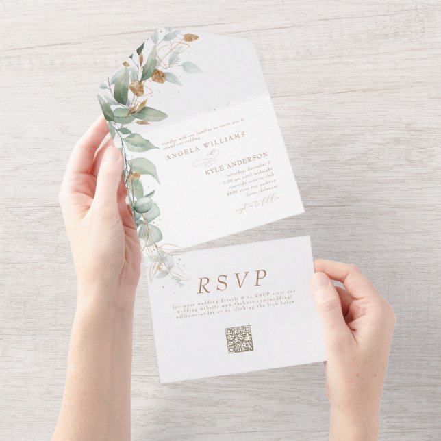 Elegant Eucalyptus Glam QR Code Wedding All In One Invitation (Tearaway)