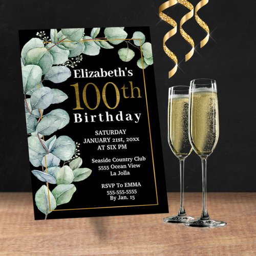 Elegant Eucalyptus Gold 100th Birthday   Invitation