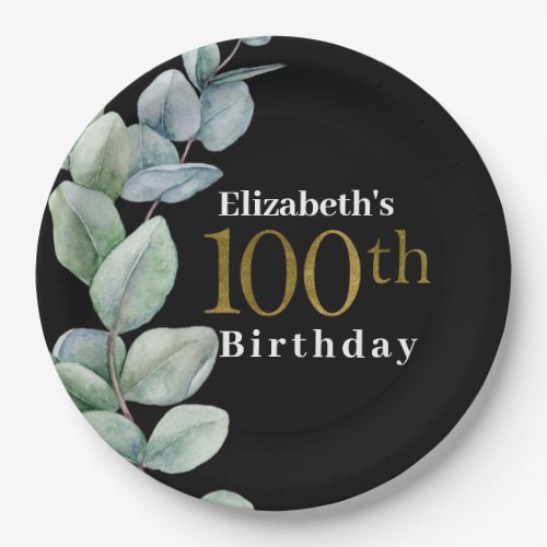 Elegant Eucalyptus Gold 100th Birthday Paper Plates