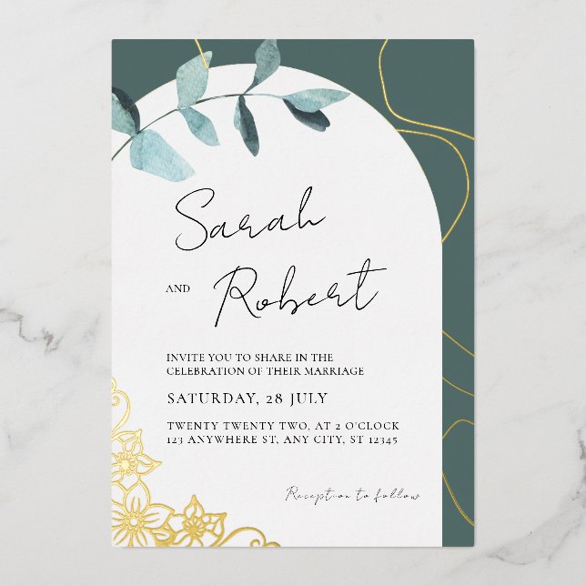 Elegant Eucalyptus & Gold Accents | Arch Theme  Foil Invitation (Front)