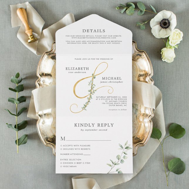 Elegant Eucalyptus Gold Ampersand Wedding All In One Invitation (Creator Uploaded)
