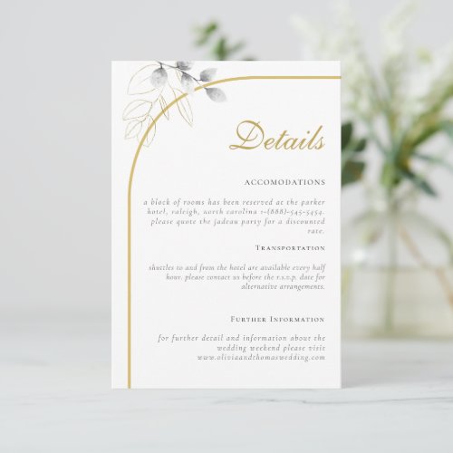 Elegant Eucalyptus Gold Arch Wedding Details Enclosure Card