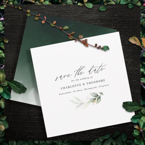 Elegant eucalyptus gold botanical budget wedding announcement