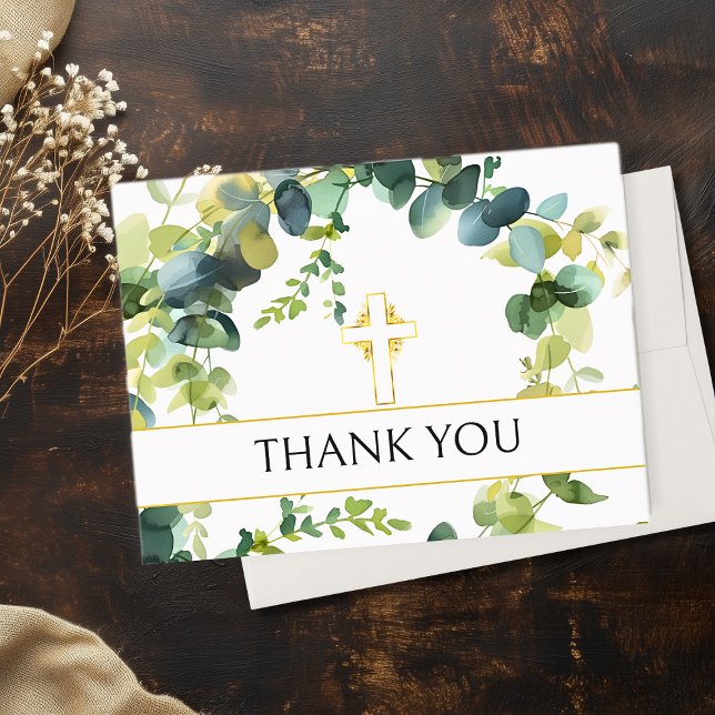Elegant Eucalyptus Gold Cross Memorial Thank You  Card (Elegant Eucalyptus Gold Cross Memorial Thank You Cards)