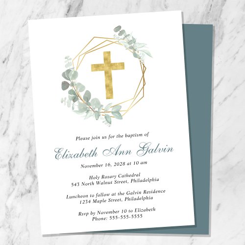 Elegant Eucalyptus Gold Cross Script Baptism Invitation