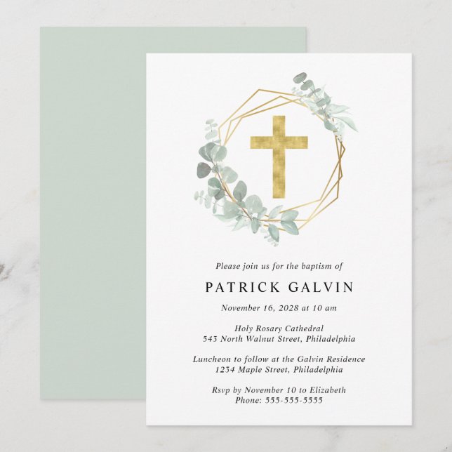 Elegant Eucalyptus Gold Cross Watercolor Baptism Invitation (Front/Back)