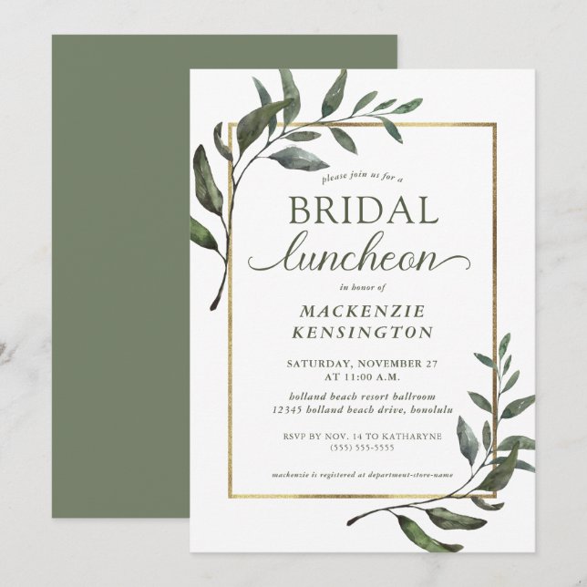 Elegant Eucalyptus Gold Foil Bridal Luncheon Invitation (Front/Back)