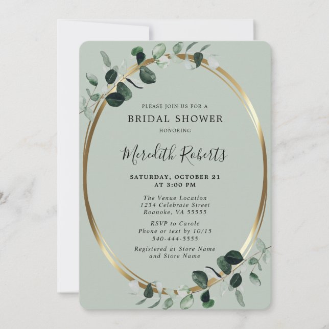 Elegant Eucalyptus Gold Foil Sage Bridal Shower In Invitation (Front)