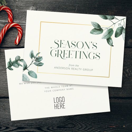 Elegant Eucalyptus Gold Frame Business Logo Holiday Card