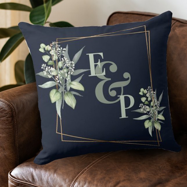 Elegant Eucalyptus Gold Frame Monogram Initials  Throw Pillow (Creator Uploaded)